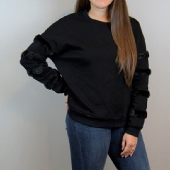 New See and Be Seen Large L Black Faux Fur Striped Detail Crew Neck Sweatshirt - Picture 11 of 11
